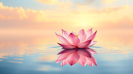 Tranquil watercolor painting of pink lotus flower floating on peaceful water