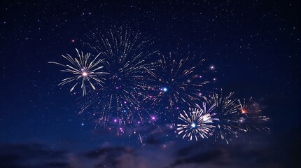 Brilliant fireworks display against a deep blue starry night sky, celebrating a festive occasion.