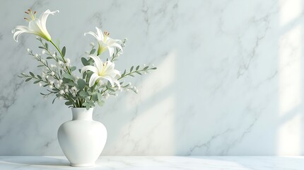 “Whispered Botanicals: White & Green Minimalist Floral Still Life, Mockup for workspace concept".