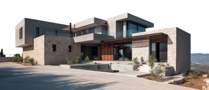 Stylish Hilltop Villa with Polished Stone and Concrete Mix, Wide Side View