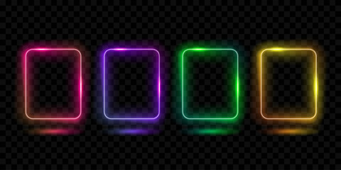 Set of vibrant neon frames isolated on transparent background. Glowing rectangular borders in pink, violet, green and yellow colors. Gradient bright futuristic shapes, modern laser design elements. © v1ra