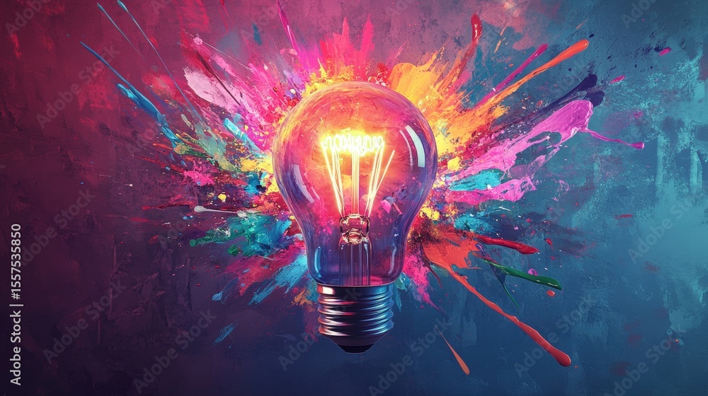 Poster a glowing light bulb with colorful paint splashes exploding from behind on a textured dark wall.