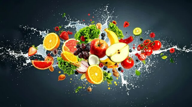 Fresh fruits and vegetables splashing with milk or yogurt on dark background.