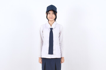 Asian high school girl in uniform wearing a navy blue cap, standing straight and looking forward