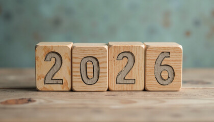 Wooden blocks showing the year 2026 on a wooden surface with a blurred background