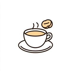 A minimalist line art illustration of a steaming cup of coffee with a saucer, featuring a simple, clean design with light beige and brown tones.
