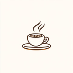 Obraz premium A minimalist line art illustration of a steaming cup of coffee with a saucer, featuring a simple, clean design with light beige and brown tones.