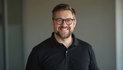 Engaging individual with a cheerful expression and stylish eyewear captured in a simple setting