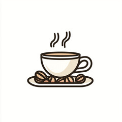 Obraz premium A minimalist line art illustration of a steaming cup of coffee with a saucer, featuring a simple, clean design with light beige and brown tones.