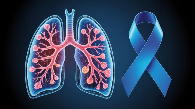 Digital illustration showing lungs affected by bronchiectasis with blue ribbon.