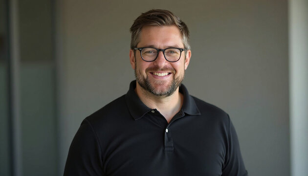 Engaging individual with a cheerful expression and stylish eyewear captured in a simple setting