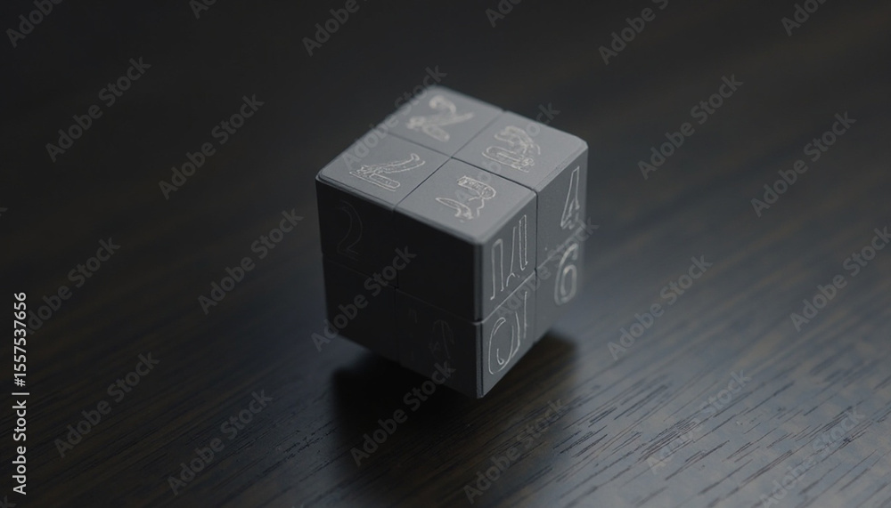 Poster a close-up of a gray cube with embossed numbers and symbols on a wooden surface