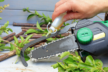 lubricating a chainsaw cutting blade.
