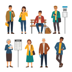 Fototapeta premium Diverse Group of People Waiting at a Bus Stop for Public Transport