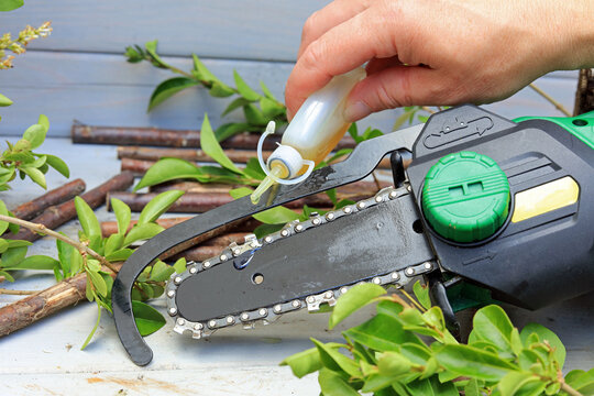 lubricating a chainsaw cutting blade. - Powered by Adobe