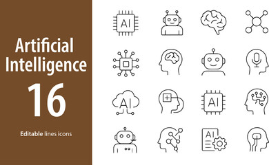 Artificial Intelligence Line Icons, AI Brain, Neural Network, Machine Learning, Chatbot, Automation Gear, Data Analysis, and More , Editable Formats: AI, EPS, JPG, PNG , Ideal for Both Digital and Pri