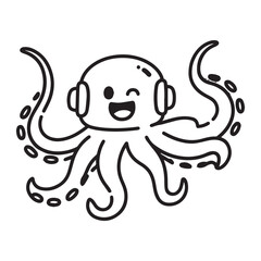 A black and white line art illustration of a happy cartoon octopus wearing headphones, winking, and smiling. This cute sea creature is perfect for kids' coloring pages, educational materials, music-th