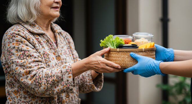 Senior woman receives a woven basket of food from a gloved delivery person