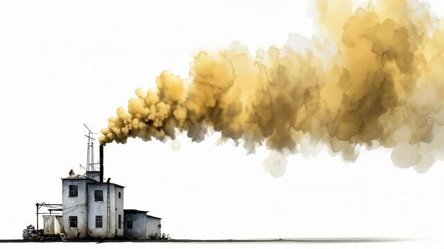 Thick yellow factory smoke from chimney clouds the sky, a symbol of industrial impact. Sparse, white background