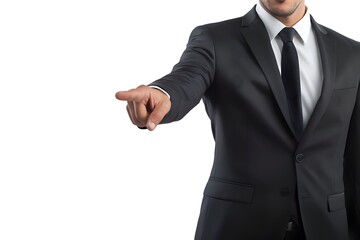 professional man in suit pointing to empty space beside him, isolated on white, ad concept 
