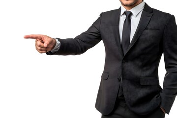 professional man in suit pointing to empty space beside him, isolated on white, ad concept 
