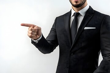 professional man in suit pointing to empty space beside him, isolated on white, ad concept 
