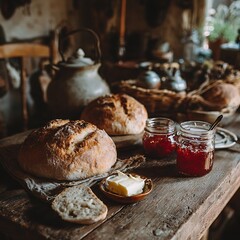 Artisan Bread, Homemade Jam, and Butter on Rustic Table