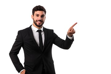 professional man in suit pointing to empty space beside him, isolated on white, ad concept 
