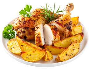 Thanksgiving Dinner Concept &ndash; Carved Chicken with Herbs and Potatoes &ndash; PNG Isolated