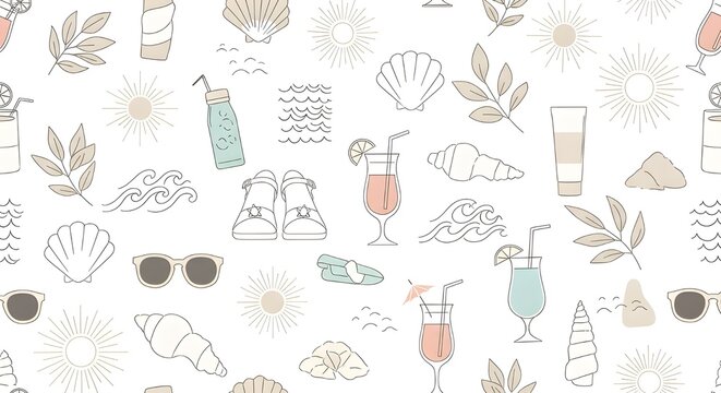 Seamless Summer Beach Pattern with Tropical Drinks Shells and Sunglasses in Pastel Colors