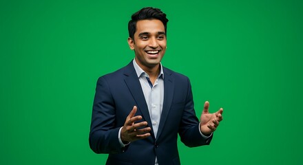 Confident businessman in suit with green screen background
