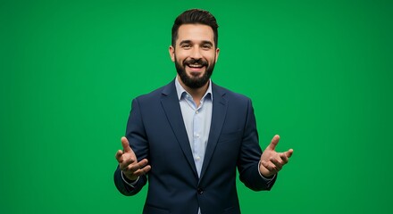 Smiling man in suit with hands open on green screen