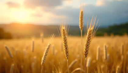 Naklejka premium Wheat field at sunset showcases the beauty of nature and the golden harvest season.