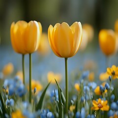 Fototapeta premium Golden tulips in a vibrant spring garden. Close-up of bright yellow blooms amongst a mix of blue wildflowers. Soft focus and natural light highlight the beauty of the flowers