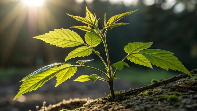 New Life Emerges: A vibrant seedling, illuminated by the radiant sunlight, pushes forth from the earth, showcasing the tenacity of life and the beauty of growth, 4k video footage 