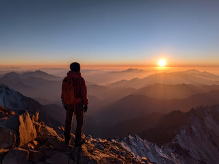 Fototapeta premium 登山者が山頂で朝日を見つめる絶景と静寂の風景写真