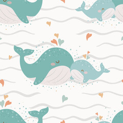 Cute marine pattern with mom and baby whales and hearts. Seamless vector sea print.