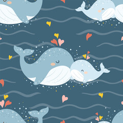Cute marine pattern with mom and baby whales and hearts. Seamless vector sea print.