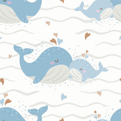 Cute marine pattern with mom and baby whales and hearts. Seamless vector sea print.