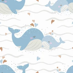 Gardinen Meerestiere Cute marine pattern with mom and baby whales and hearts. Seamless vector sea print.  © Jellicle
