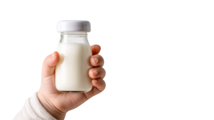 Child holding milk bottle isolated on a transparent background
