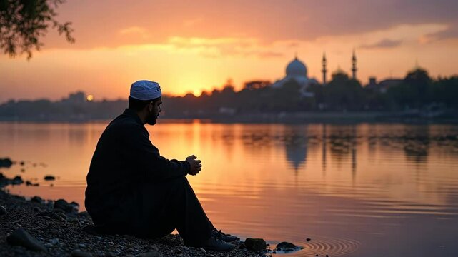 A lone mourner sitting by a river at twilight, his reflection blurred in the water as he whispers prayers for the martyrs of Karbala..