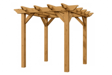 Wooden pergola with sleek beams casting architectural shadow, supporting outdoor living design against clean backdrop