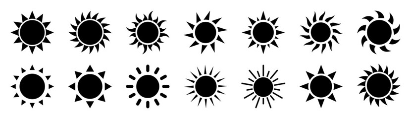 Collection of sun icons with various ray shapes. Perfect for weather apps, summer themes, travel graphics, UI elements, and climate or sunlight related vector designs.