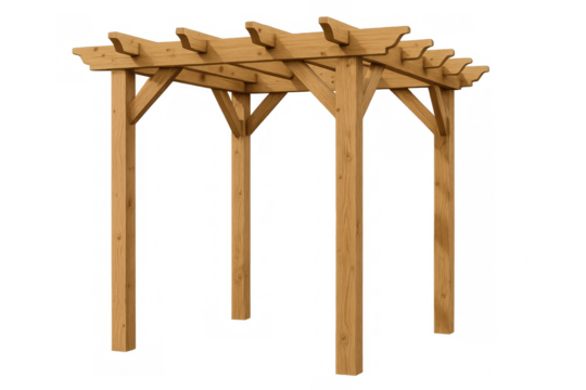 Wooden pergola with sleek beams casting architectural shadow, supporting outdoor living design against clean backdrop