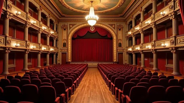 Grand Historic European Theater Interior View from Stage with Ornate Balconies and Chandelier