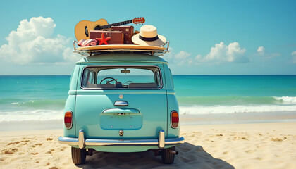 A vintage van parked on a beach, ready for a summer road trip adventure on a sunny day.