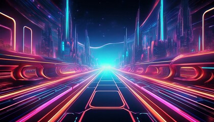 neon tunnel leading to future city futuristic technology space background