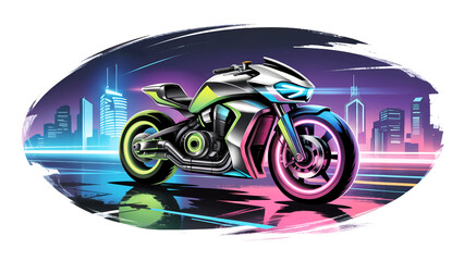 Futuristic neon motorcycle speeds through a vibrant cyberpunk cityscape