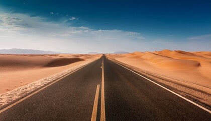 endless road stretching through vast open desert with gentle sandy dunes on either side